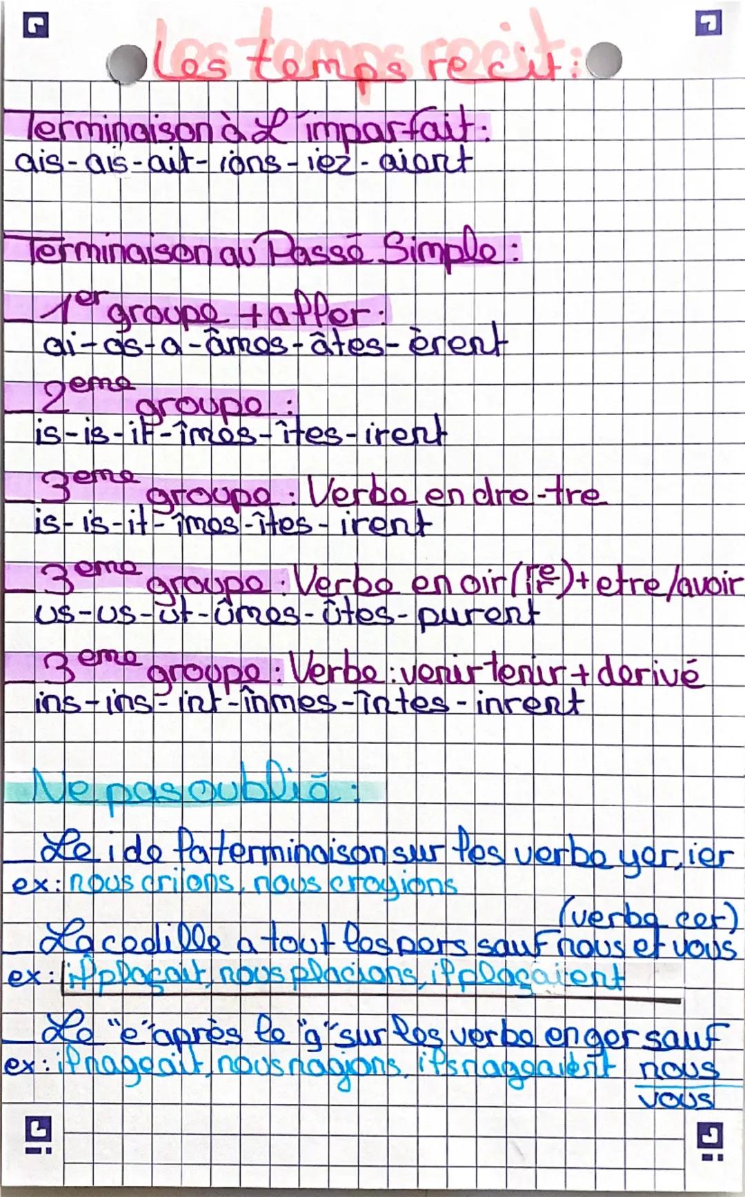 ☑
Les temps recite
Terminaison à 2 imparfait.
ais-ais-ait-ions-iez - ajant
Terminaison au Passe Simple:
"groupe +affer.
ai-as-a-amos-âtes-er