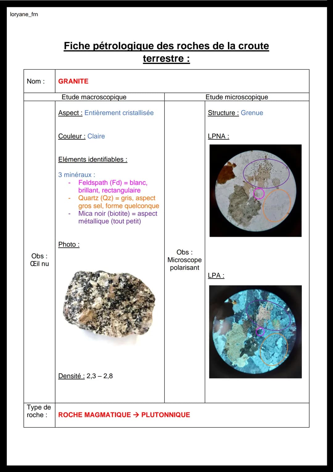 loryane_frn
Nom :
Obs:
Œil nu
Fiche pétrologique des roches de la croute
terrestre :
GRANITE
Etude macroscopique
Aspect: Entièrement cristal