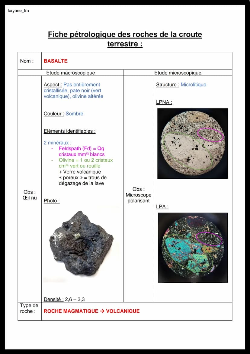 loryane_frn
Nom :
Obs:
Œil nu
Fiche pétrologique des roches de la croute
terrestre :
GRANITE
Etude macroscopique
Aspect: Entièrement cristal