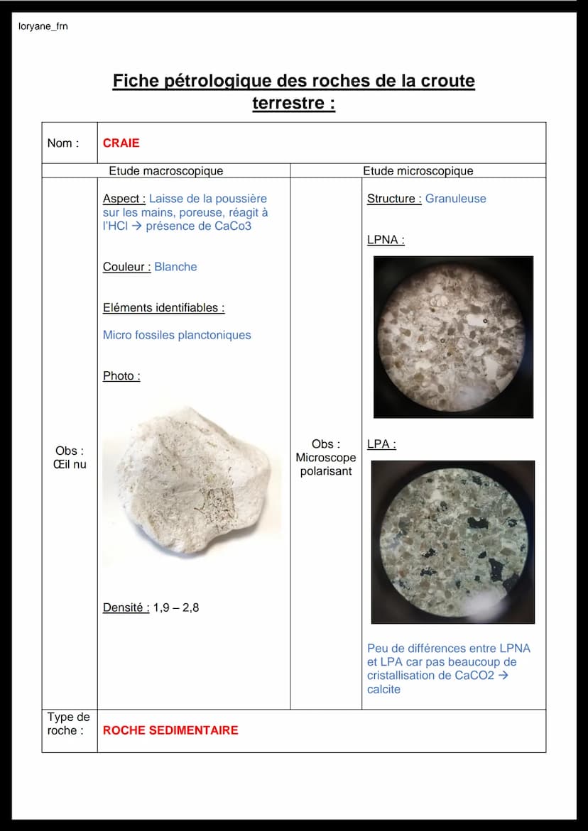 loryane_frn
Nom :
Obs:
Œil nu
Fiche pétrologique des roches de la croute
terrestre :
GRANITE
Etude macroscopique
Aspect: Entièrement cristal