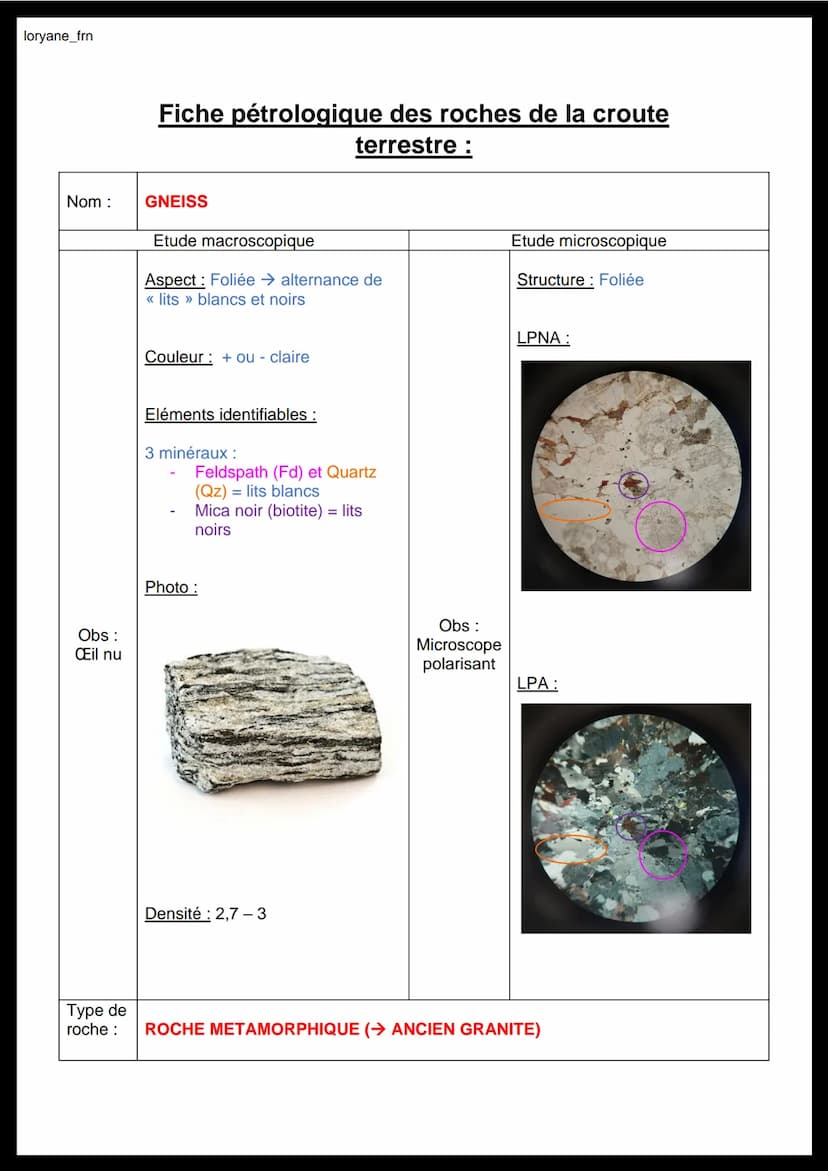 loryane_frn
Nom :
Obs:
Œil nu
Fiche pétrologique des roches de la croute
terrestre :
GRANITE
Etude macroscopique
Aspect: Entièrement cristal