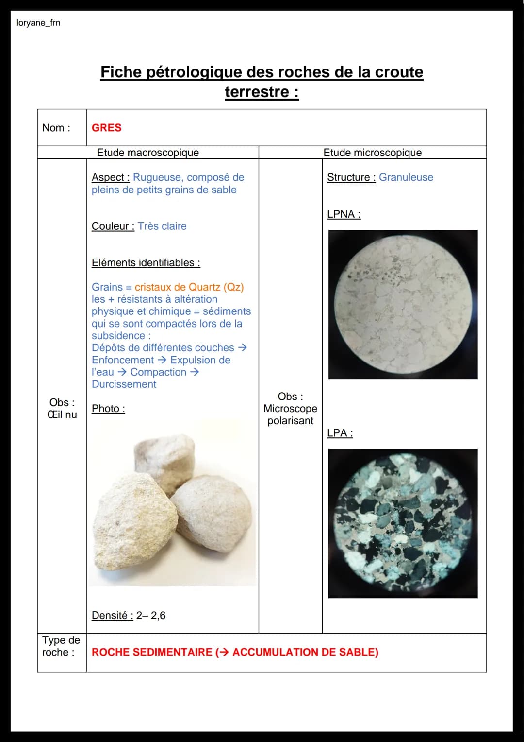 loryane_frn
Nom :
Obs:
Œil nu
Fiche pétrologique des roches de la croute
terrestre :
GRANITE
Etude macroscopique
Aspect: Entièrement cristal