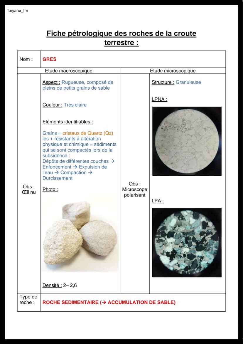 loryane_frn
Nom :
Obs:
Œil nu
Fiche pétrologique des roches de la croute
terrestre :
GRANITE
Etude macroscopique
Aspect: Entièrement cristal
