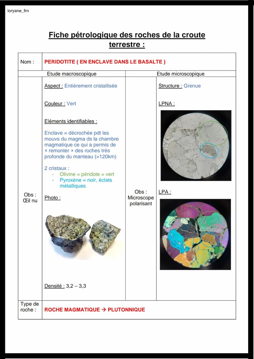 loryane_frn
Nom :
Obs:
Œil nu
Fiche pétrologique des roches de la croute
terrestre :
GRANITE
Etude macroscopique
Aspect: Entièrement cristal