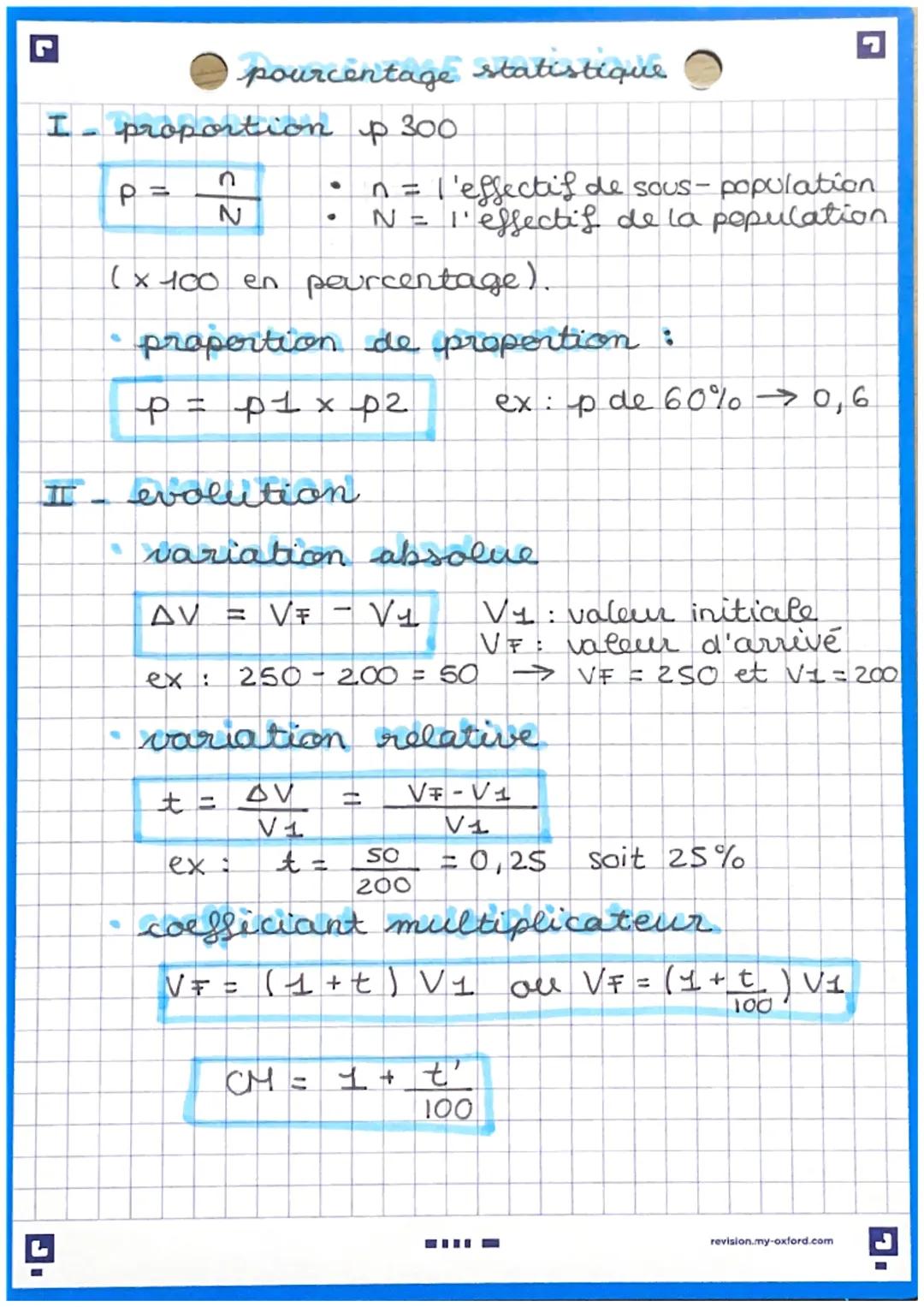 pourcentage statistique

I- proportion p 300

$P = \frac{n}{N}$

*   n = l'effectif de sous-population
*   N = 1'effectif de la population

