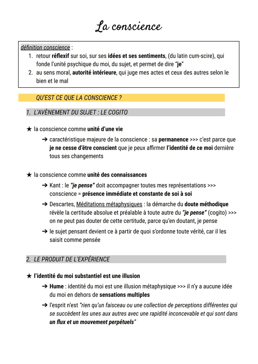 La conscience
définition conscience:
1. retour réflexif sur soi, sur ses idées et ses sentiments, (du latin cum-scire), qui
fonde l'unité ps