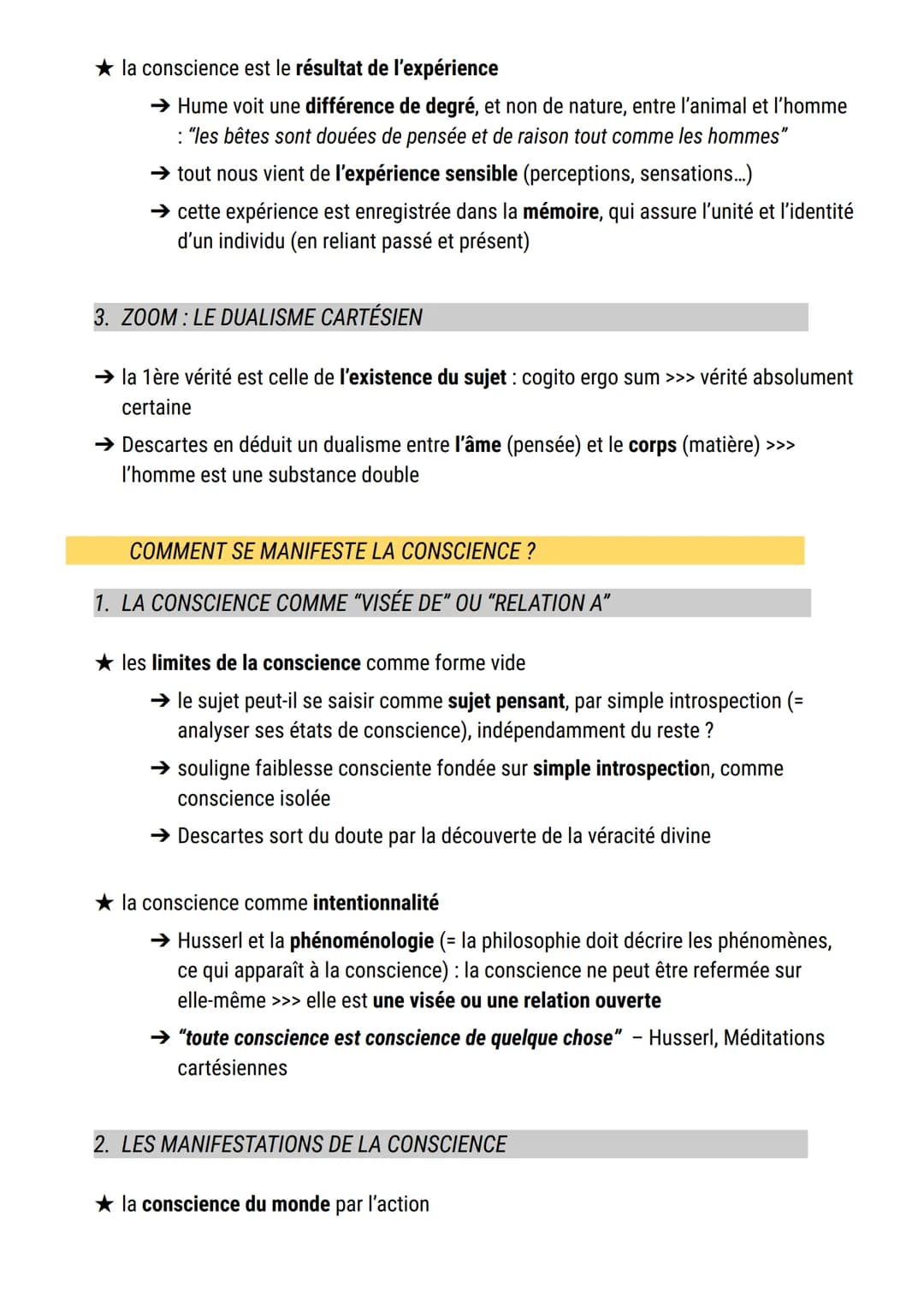 La conscience
définition conscience:
1. retour réflexif sur soi, sur ses idées et ses sentiments, (du latin cum-scire), qui
fonde l'unité ps