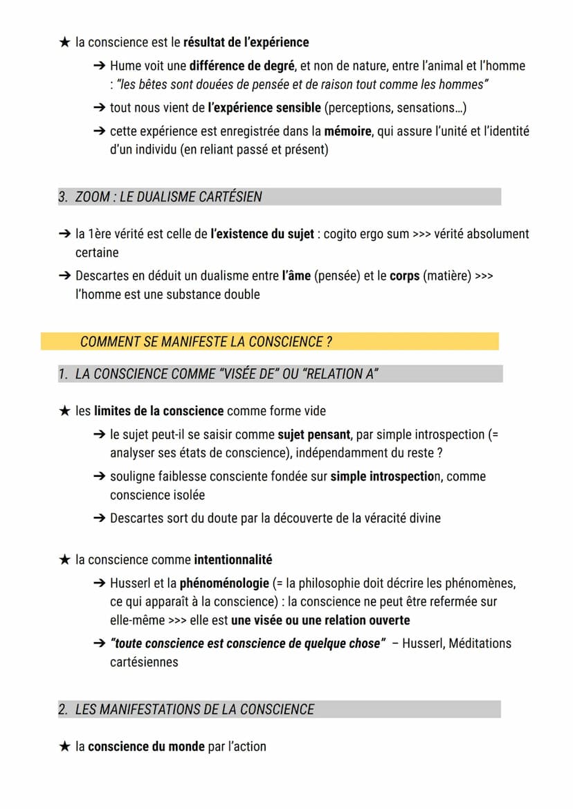 La conscience
définition conscience:
1. retour réflexif sur soi, sur ses idées et ses sentiments, (du latin cum-scire), qui
fonde l'unité ps