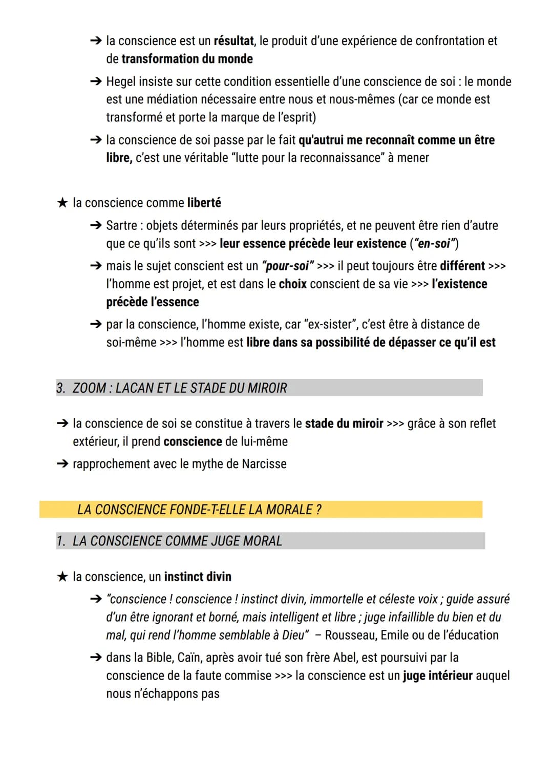 La conscience
définition conscience:
1. retour réflexif sur soi, sur ses idées et ses sentiments, (du latin cum-scire), qui
fonde l'unité ps