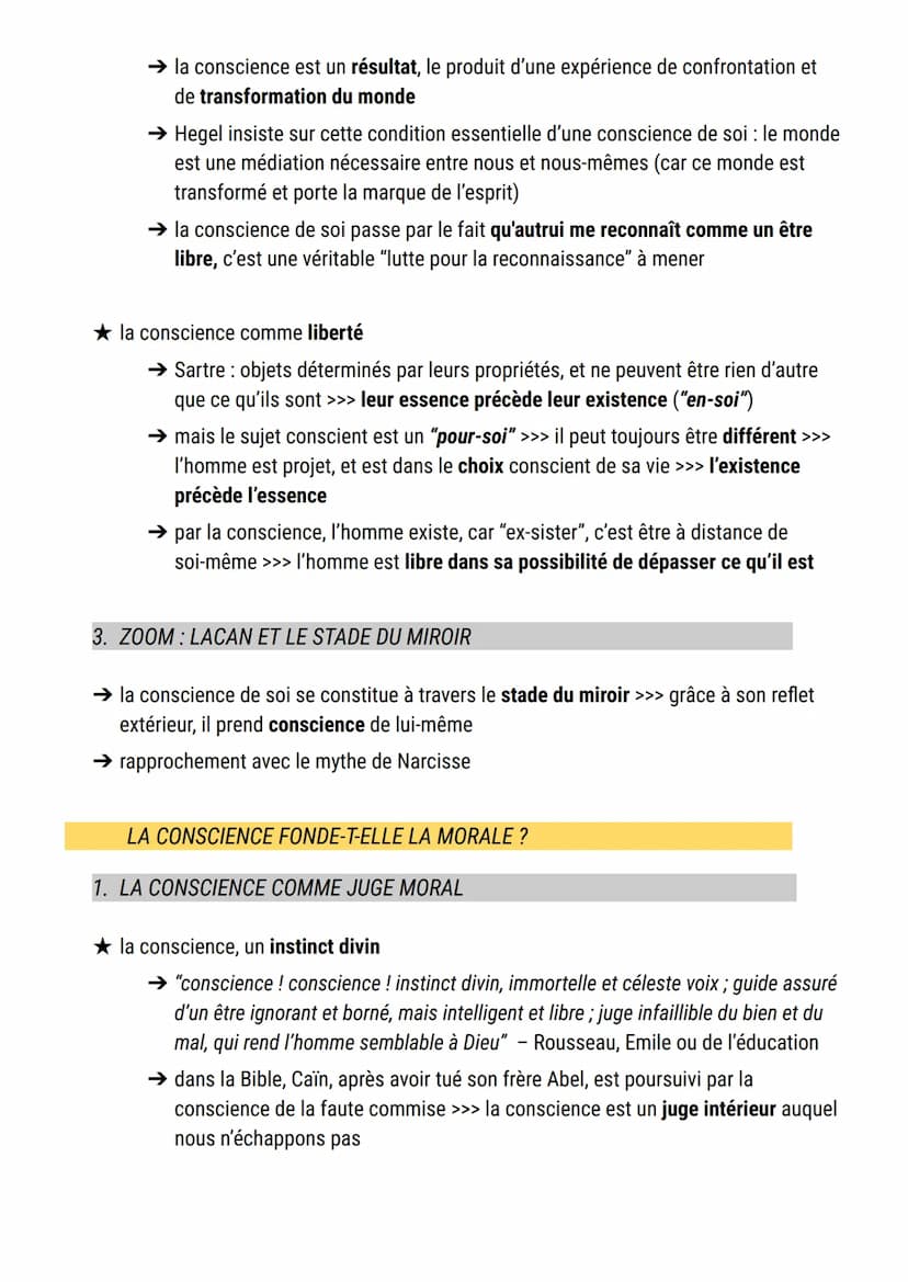 La conscience
définition conscience:
1. retour réflexif sur soi, sur ses idées et ses sentiments, (du latin cum-scire), qui
fonde l'unité ps