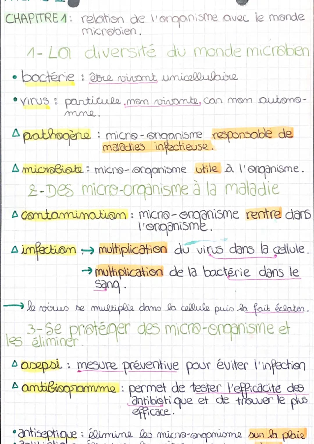 CHAPITRE 1: relation de l'organisme avec le monde
microbien.
1- La diversité du monde microbien
• bactérie : être vivant, unicellulaire
•vir