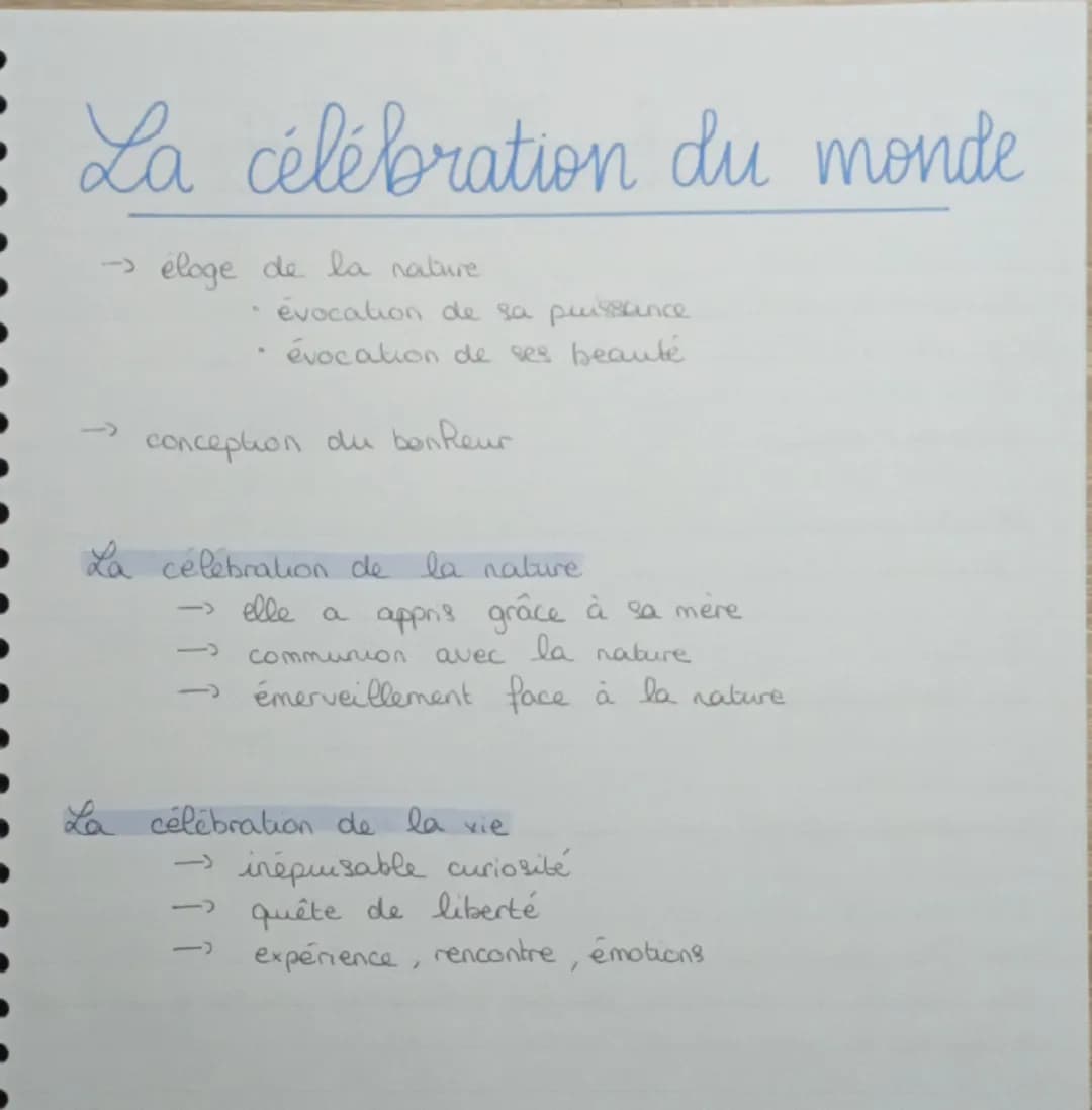 La célébration du monde
- éloge de la nature
4
évocation de sa puissance
évocation de ses beauté
conception du bonheur
La célébration de la 