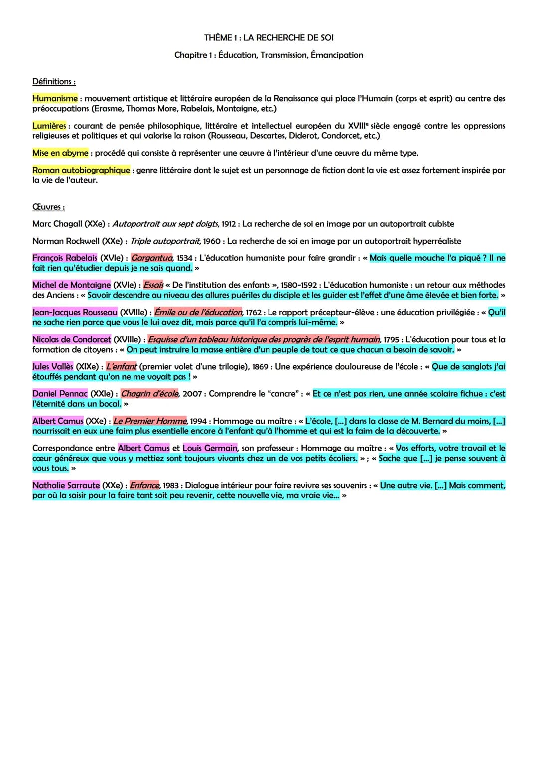 THÈME 1: LA RECHERCHE DE SOI
Chapitre 1: Éducation, Transmission, Émancipation
Définitions:
Humanisme: mouvement artistique et littéraire eu
