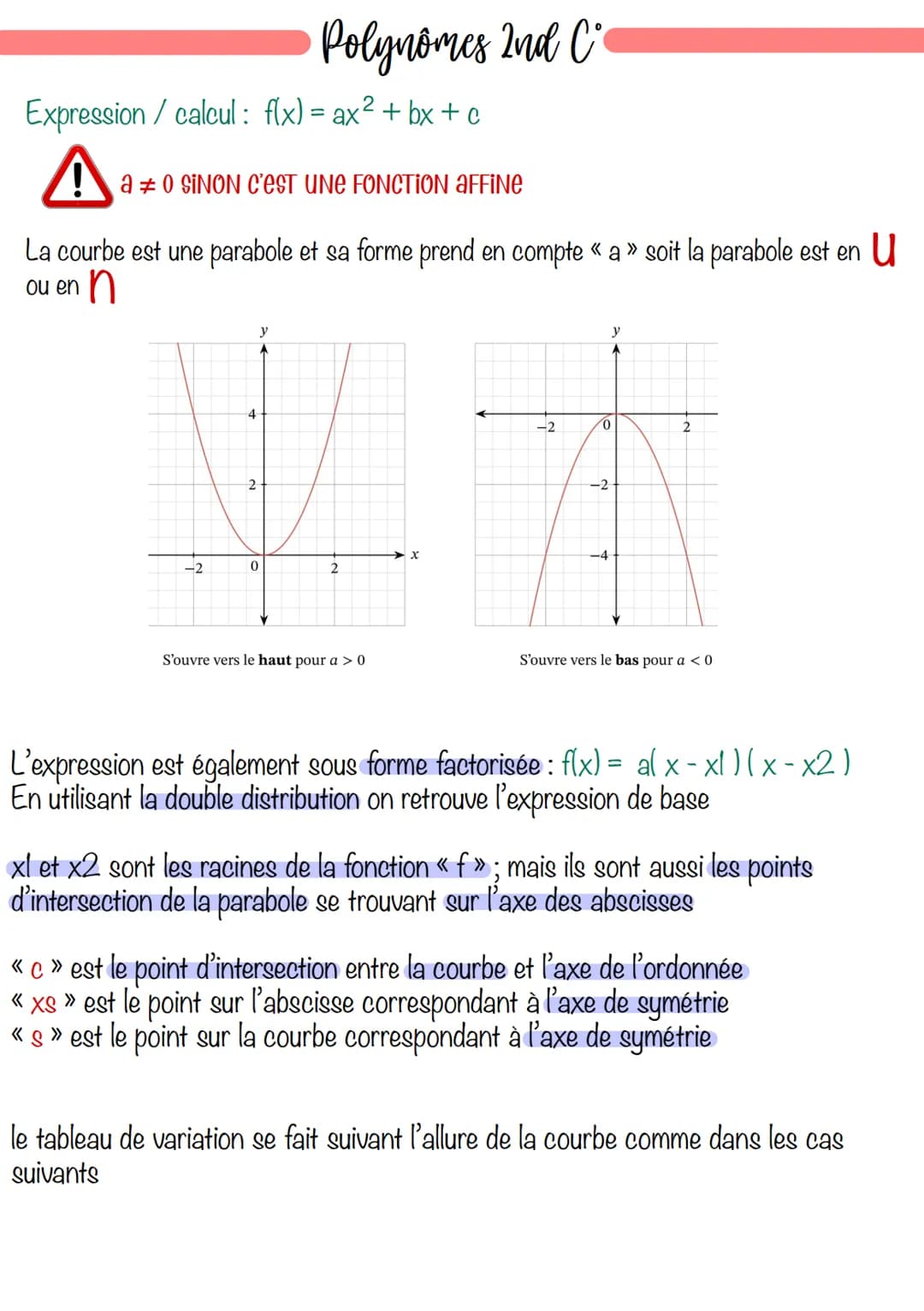 Expression / calcul: f(x) = ax²+bx+c
a0 SINON C'EST UNE FONCTION AFFINE
La courbe est une parabole et sa forme prend en compte «a» soit la p