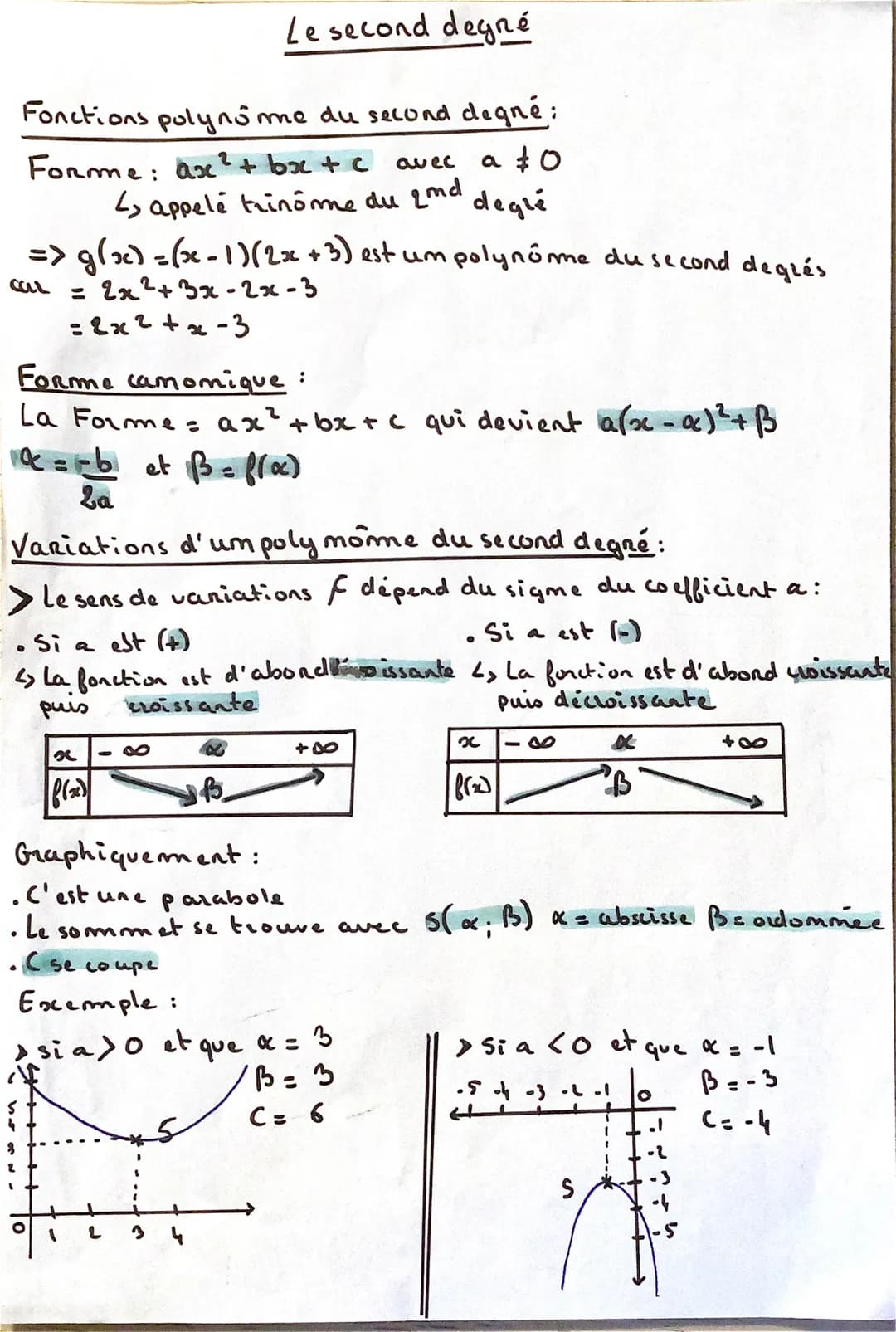Le second degré
Fonctions polynome du second degné:
Forme: ax² + bx + c
avec a $0
deglé
4 appelé trinome du 2md
=> g(x) = (x-1)(2x + 3) est 