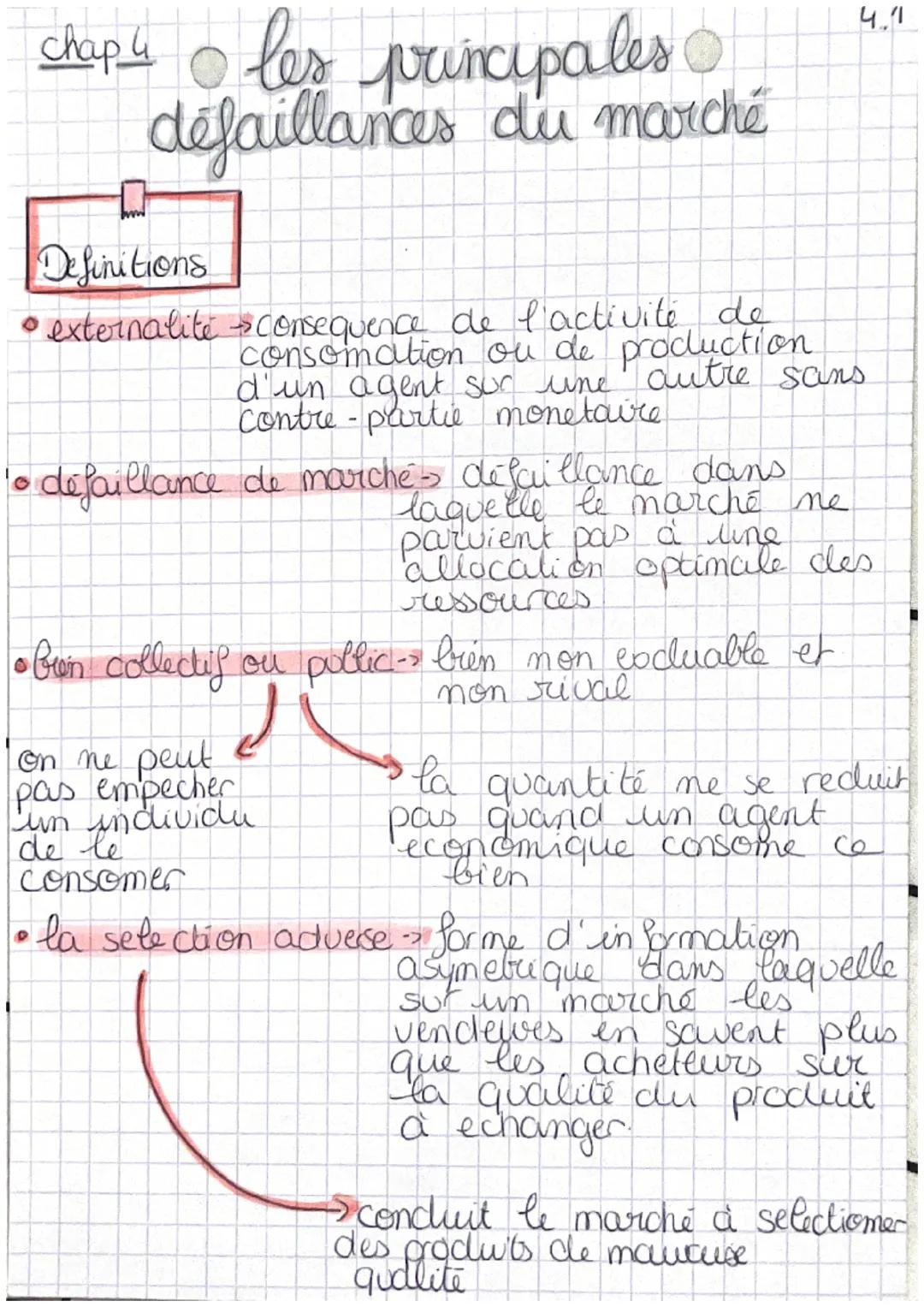 chap 4 les principales
défaillances du marché
Definitions
• externalite
4.1
consequence de l'activité de
consomation ou de production
d'un a