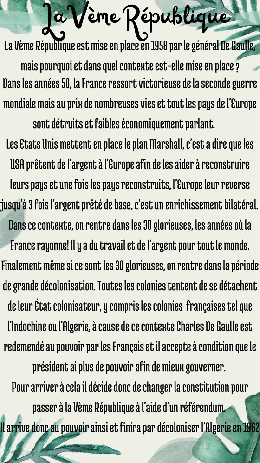 La Vème République
La Vème République est mise en place en 1958 par le général De Gaulle,
mais pourquoi et dans quel contexte est-elle mise 