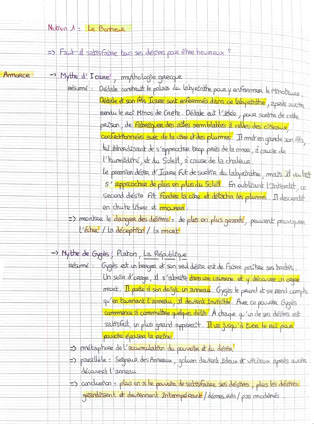 Anmorce
Notion 1-
Le Bonheur.
=> Faut-it satisfaire tous ses désires.
pour
être heureux
--> Mythe d'IcaRe, mythologie grecque.
Résumé: Dédal
