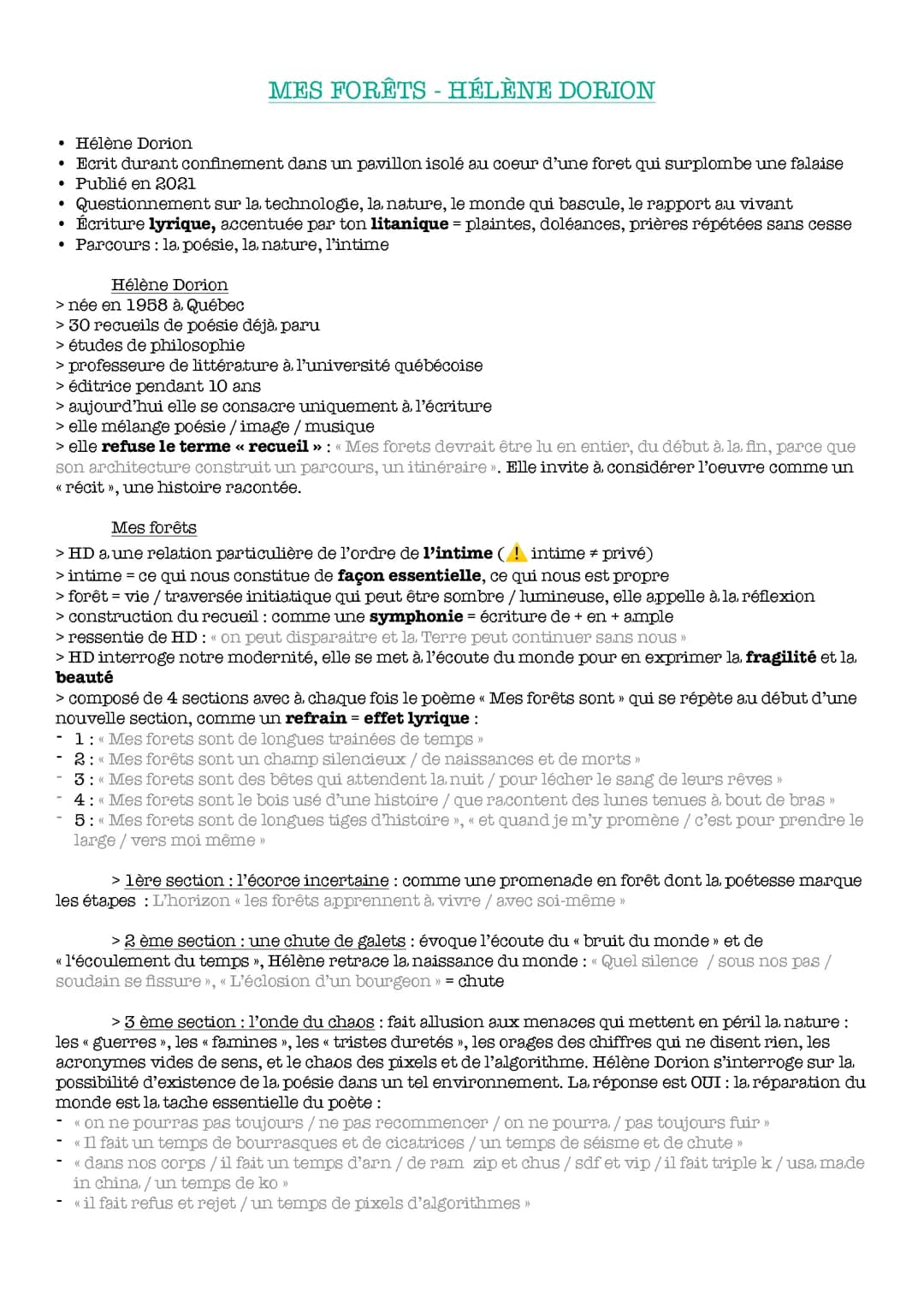 fiche de révision dissertation - Mes forêts de Hélène Dorion 