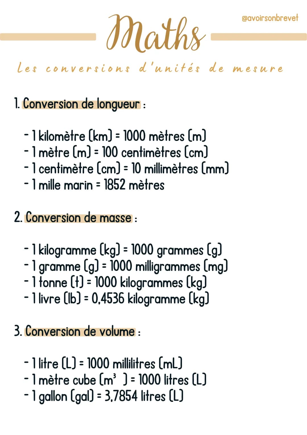 Maths
Les conversions d'unités de mesure
1. Conversion de longueur :
- 1 kilomètre [km] = 1000 mètres [m]
- 1 mètre (m) = 100 centimètres [c