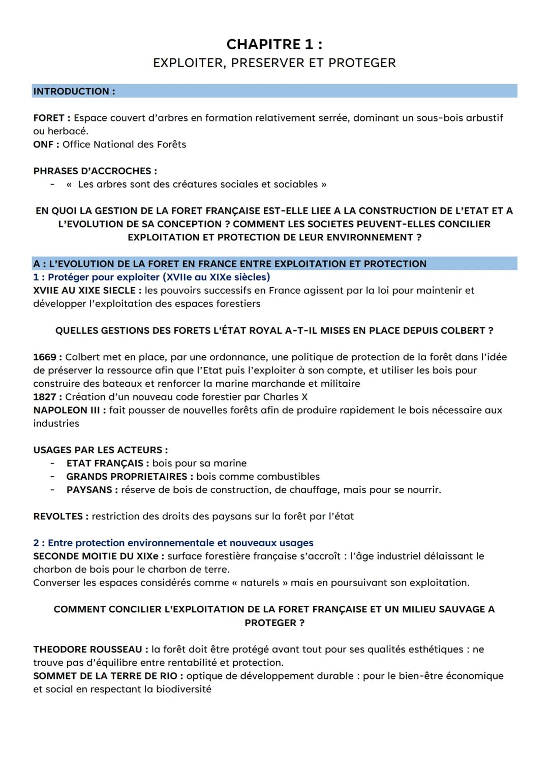 INTRODUCTION :
CHAPITRE 1:
EXPLOITER, PRESERVER ET PROTEGER
FORET : Espace couvert d'arbres en formation relativement serrée, dominant un so