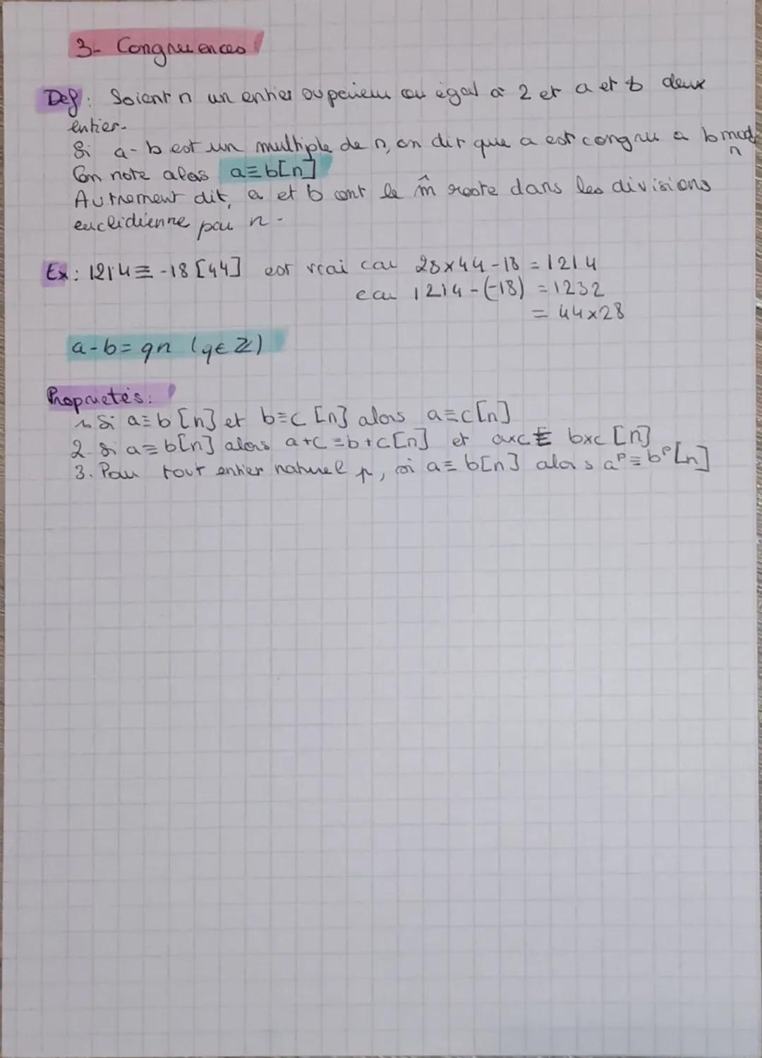 # Maths - Expertes

Ar, time hique modulaire

1- Divisibilité dans Z

Def: Sorent a et b deux enhers.
S'il existe un entier la tel que $a = 