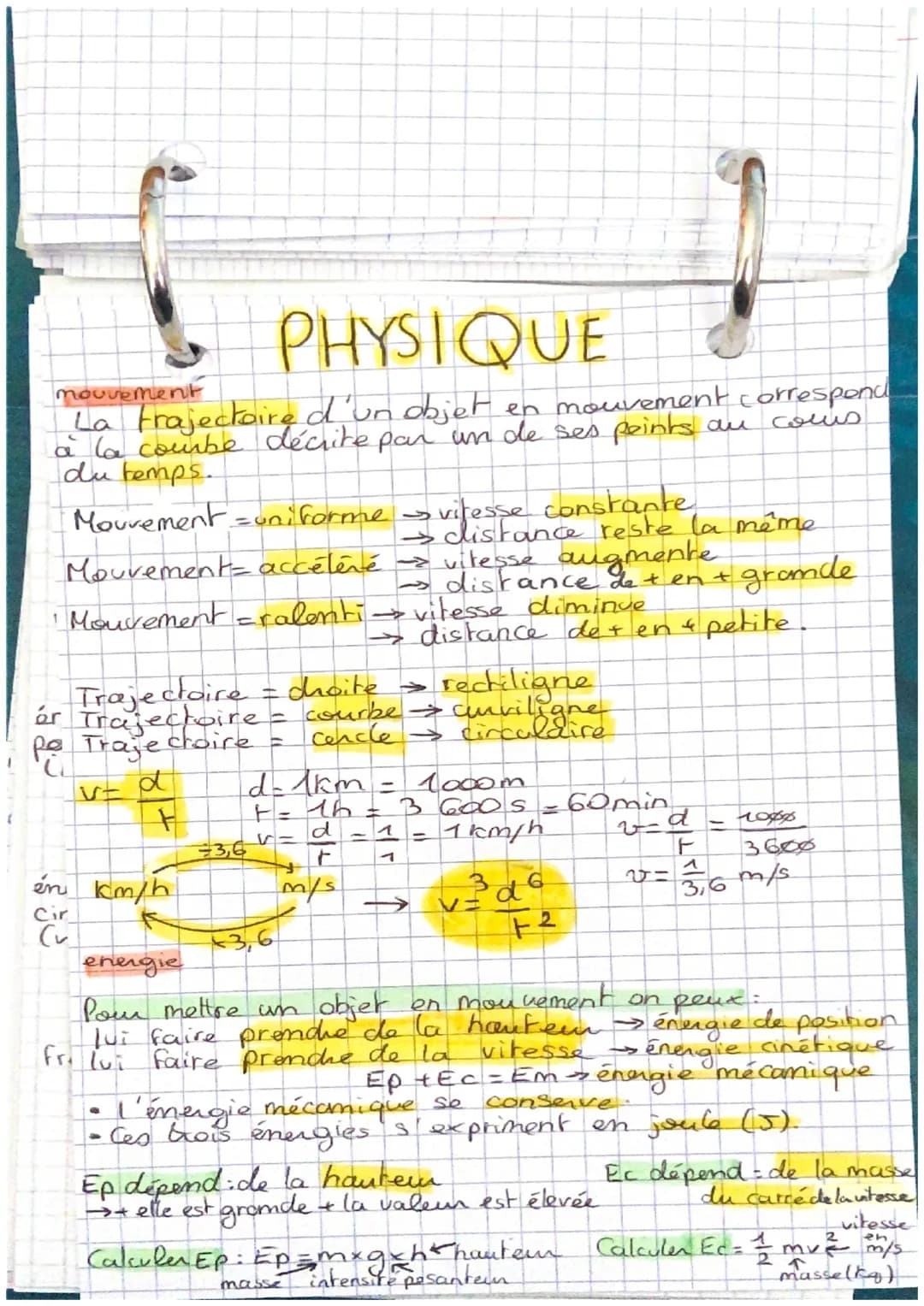 (
PHYSIQUE
nouvement
La trajectoire d'un objet en mouvement correspond
à la combe décrite par un de ses peints au
du temps.
cous
Mouvement u