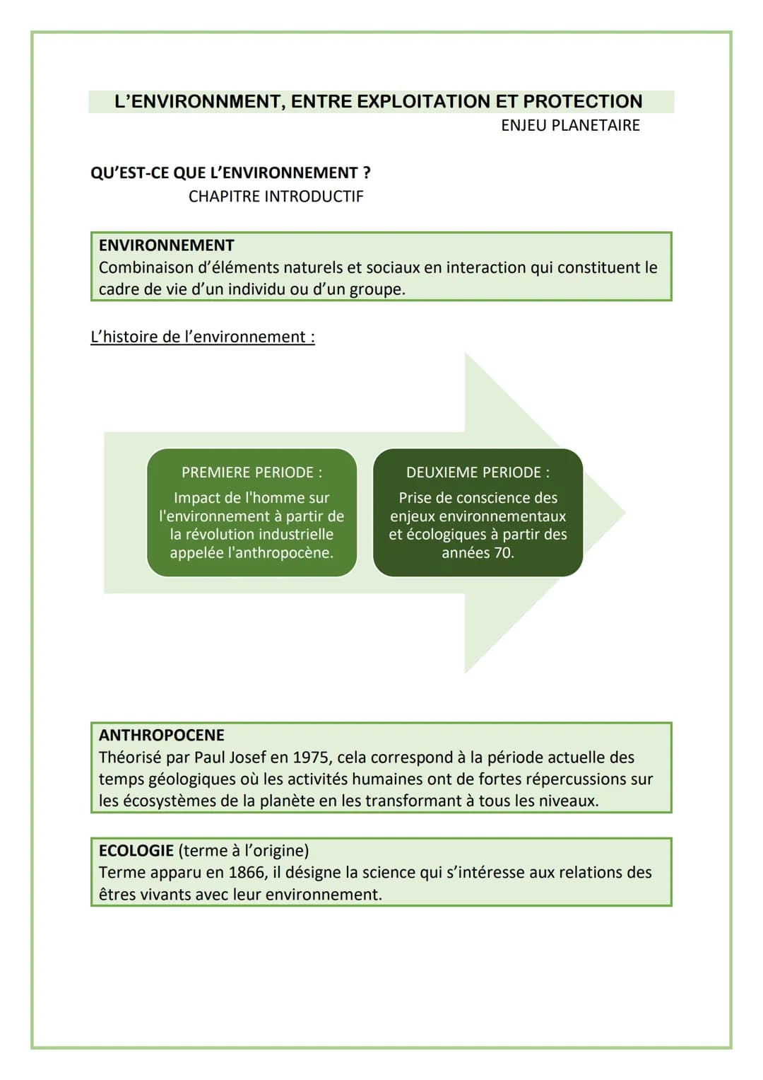 L'ENVIRONNMENT, ENTRE EXPLOITATION ET PROTECTION
ENJEU PLANETAIRE
QU'EST-CE QUE L'ENVIRONNEMENT ?
CHAPITRE INTRODUCTIF
ENVIRONNEMENT
Combina
