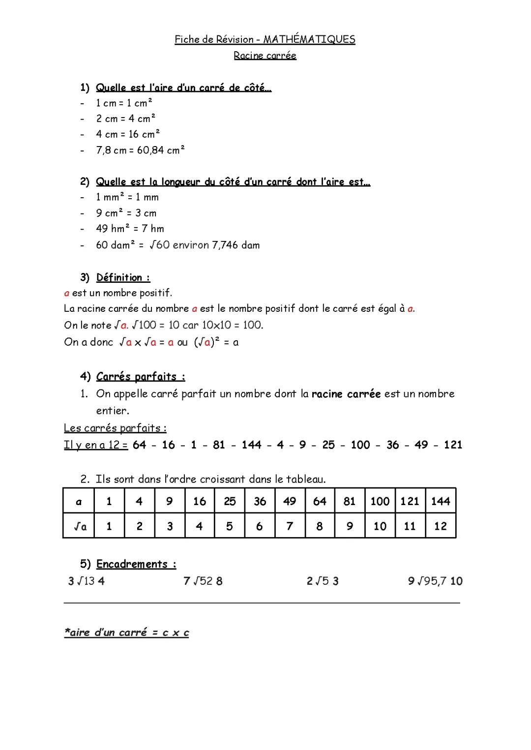 FICHE DE RÉVISION - MATHÉMATIQUES (LA RACINE CARRÉE)