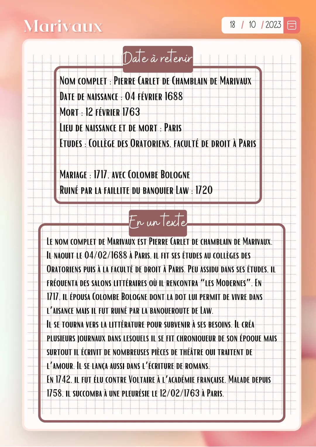 Marivaux
18 / 10 /2023
| | | | | || _| Date à retenir | |||||||
NOM COMPLET PIERRE CARLET DE CHAMBLAIN DE MARIVAUX
DATE DE NAISSANCE 04 FÉVR