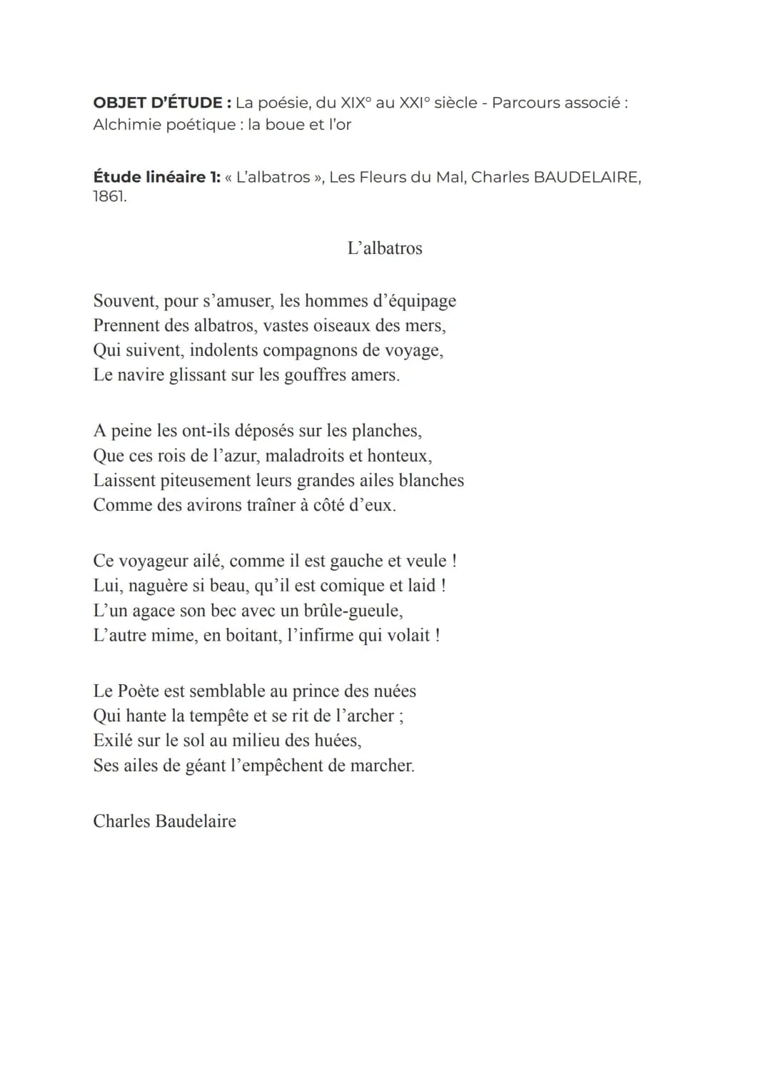 OBJET D'ÉTUDE : La poésie, du XIX° au XXI° siècle - Parcours associé :
Alchimie poétique : la boue et l'or
Étude linéaire 1: « L'albatros »,