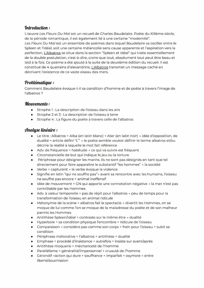 OBJET D'ÉTUDE : La poésie, du XIX° au XXI° siècle - Parcours associé :
Alchimie poétique : la boue et l'or
Étude linéaire 1: « L'albatros »,