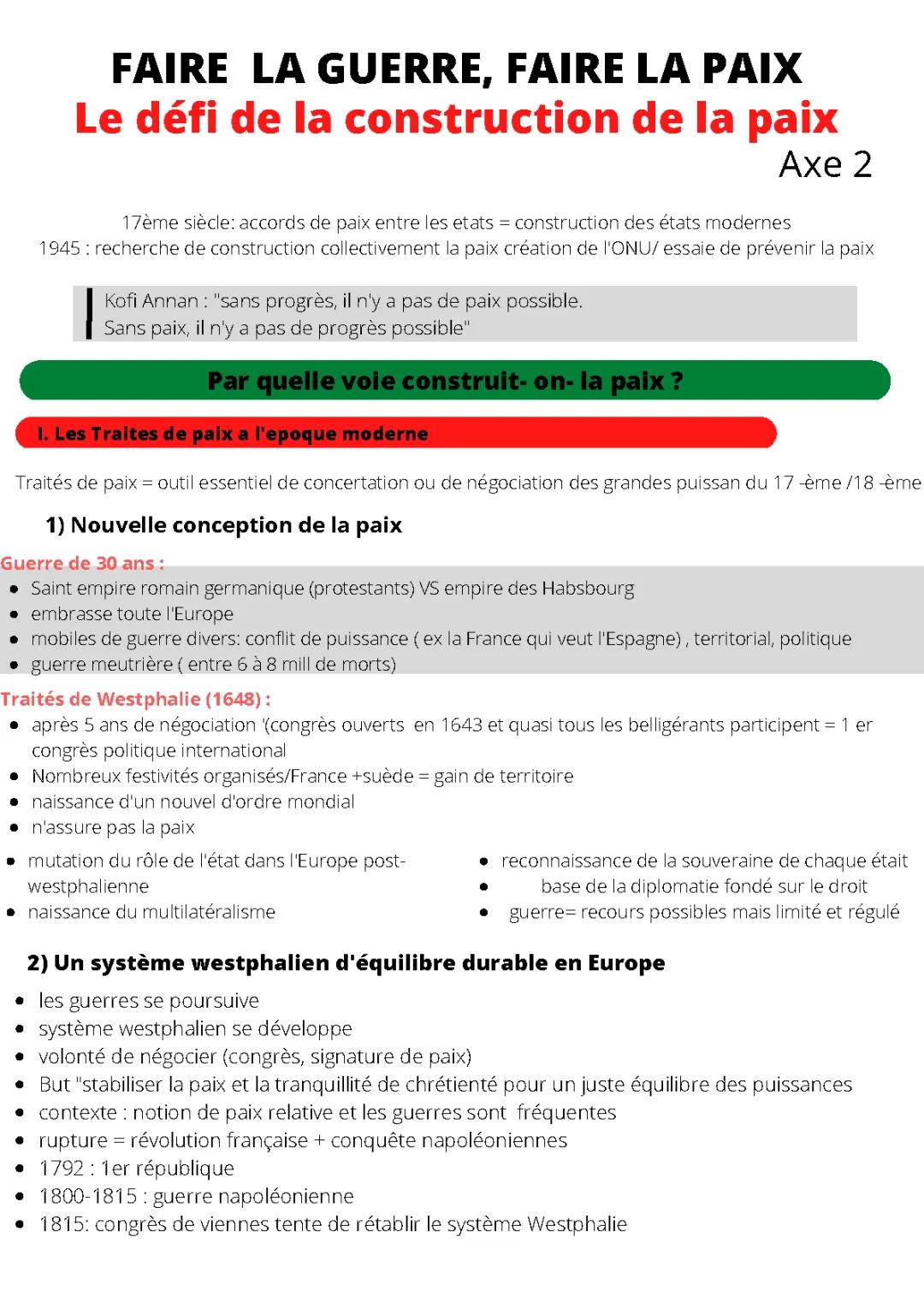 Faire la guerre, faire la paix HGGSP - Dissertation, Fiches et Quiz PDF