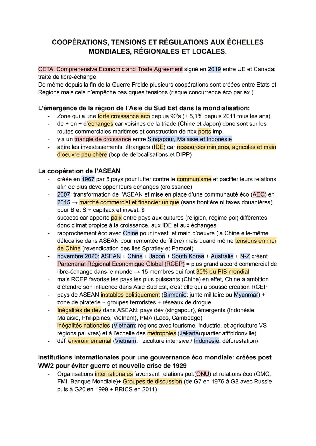 COOPÉRATIONS, TENSIONS ET RÉGULATIONS AUX ÉCHELLES
MONDIALES, RÉGIONALES ET LOCALES.
CETA: Comprehensive Economic and Trade Agreement signé 