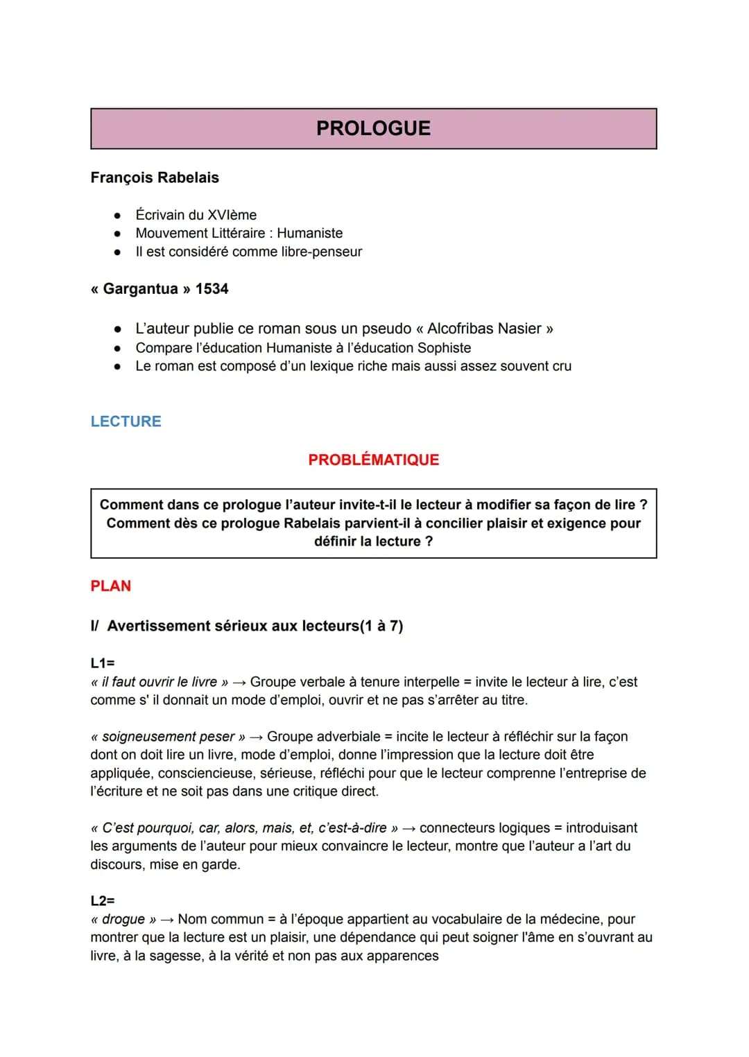 ANALYSE BAC - PROLOGUE GARGANTUA 