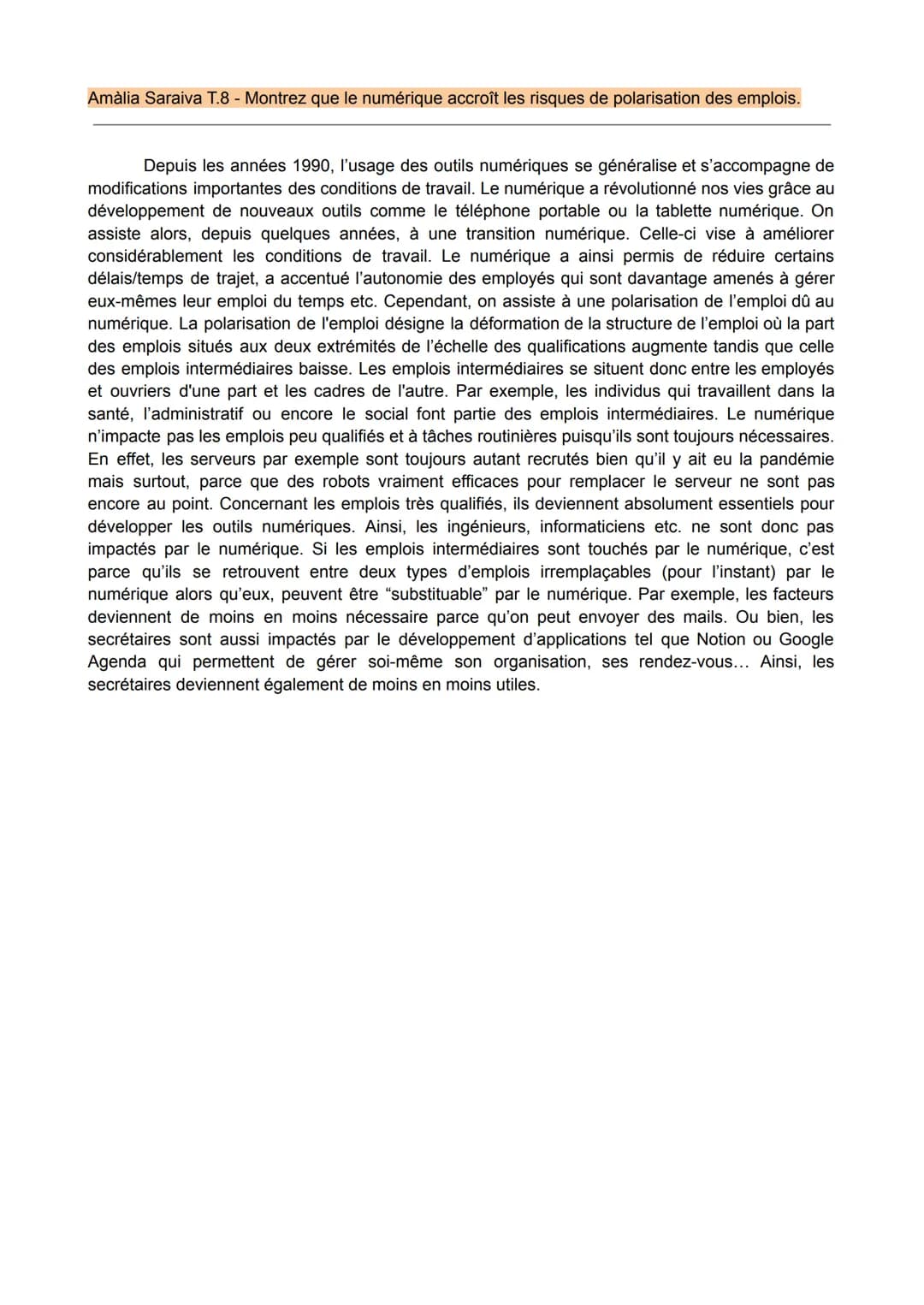 Amàlia Saraiva T.8 - Montrez que le numérique accroît les risques de polarisation des emplois.
Depuis les années 1990, l'usage des outils nu