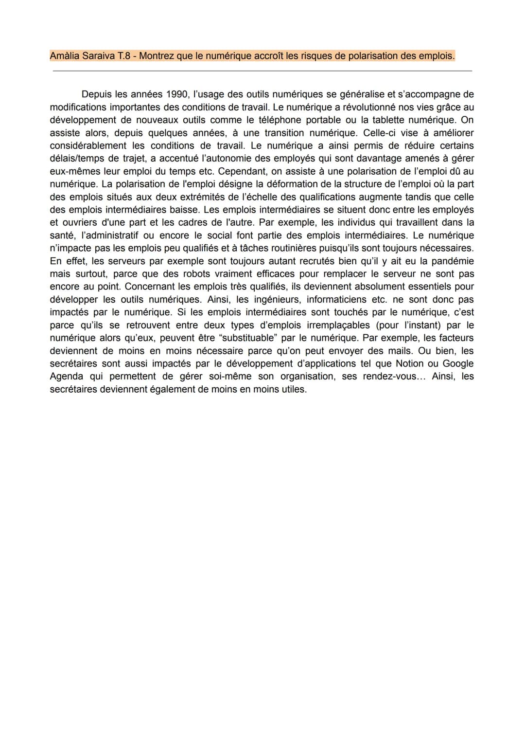 Amàlia Saraiva T.8 - Montrez que le numérique accroît les risques de polarisation des emplois.
Depuis les années 1990, l'usage des outils nu