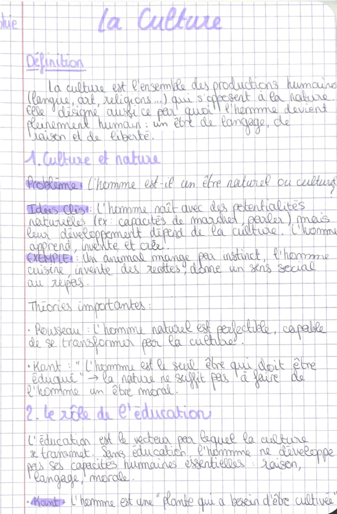 # la Culture

Définition

La culture est l'ensemble des productions humaines
(langue, art, religions...) qui s'opposent à la nature.
Elle dé