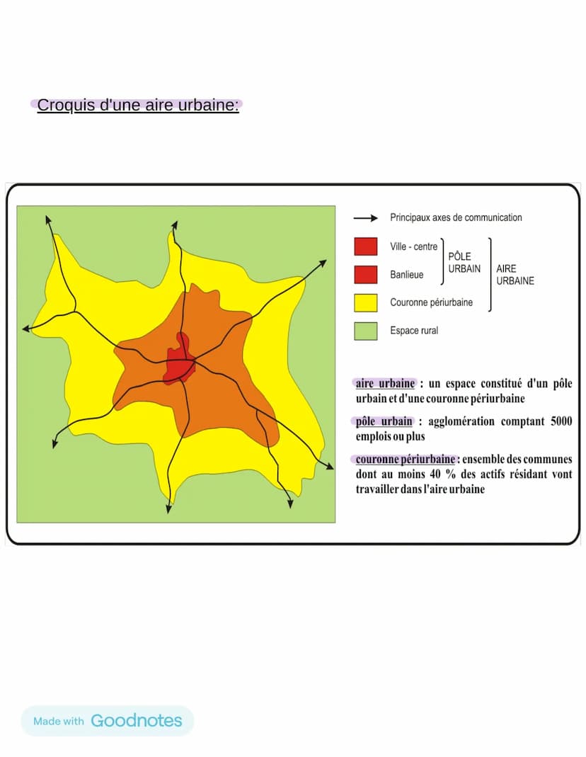 Définitions:
Les aires urbaines
Une aire urbaine: Un espace constitué d'une ville-
centre, de banlieues et d'une couronne périurbaine.
L'éta