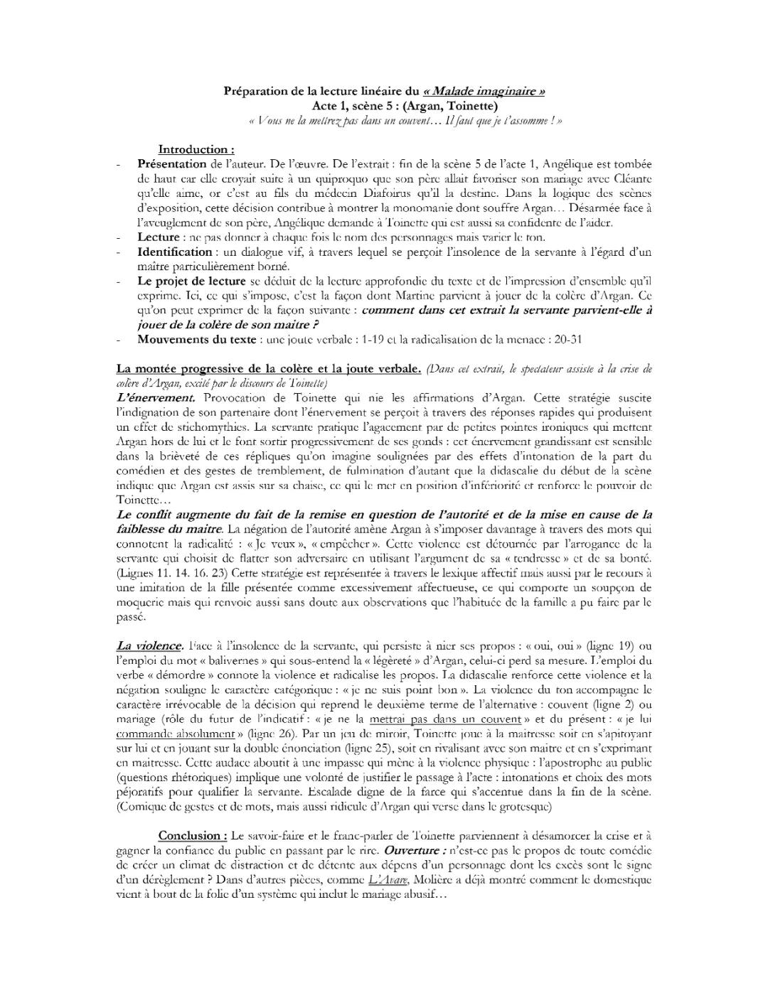 Analyse Linéaire : Malade Imaginaire Acte 1 Scène 5 et Toinette