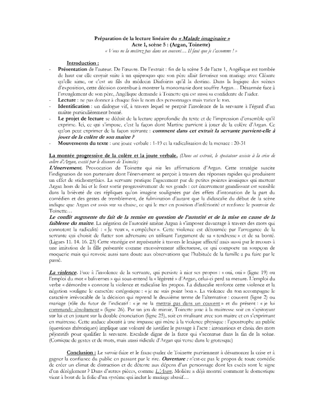 Analyse Linéaire : Malade Imaginaire Acte 1 Scène 5 et Toinette