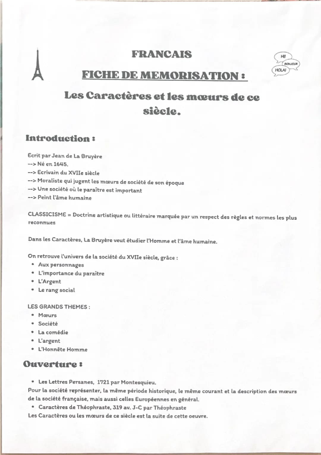 FRANCAIS
FICHE DE MEMORISATION:
Les Caractères et les mœurs de ce
siècle.
Introduction :
Ecrit par Jean de La Bruyère
H
BONJOUR
HOLA!
--> Né