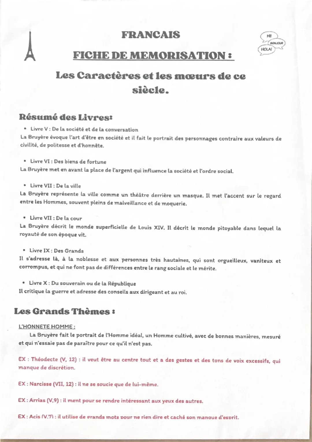 FRANCAIS
FICHE DE MEMORISATION:
Les Caractères et les mœurs de ce
siècle.
Introduction :
Ecrit par Jean de La Bruyère
H
BONJOUR
HOLA!
--> Né