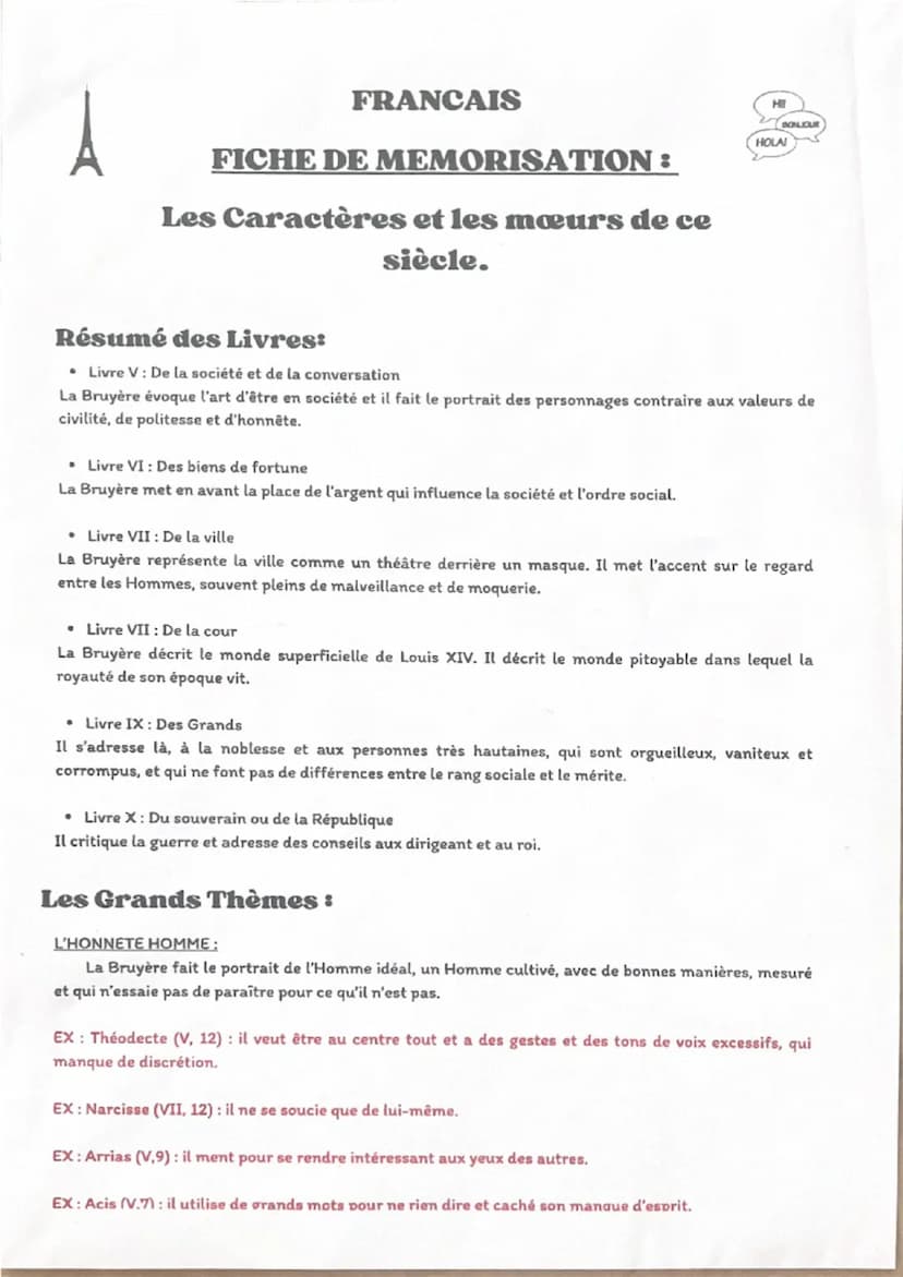FRANCAIS
FICHE DE MEMORISATION:
Les Caractères et les mœurs de ce
siècle.
Introduction :
Ecrit par Jean de La Bruyère
H
BONJOUR
HOLA!
--> Né