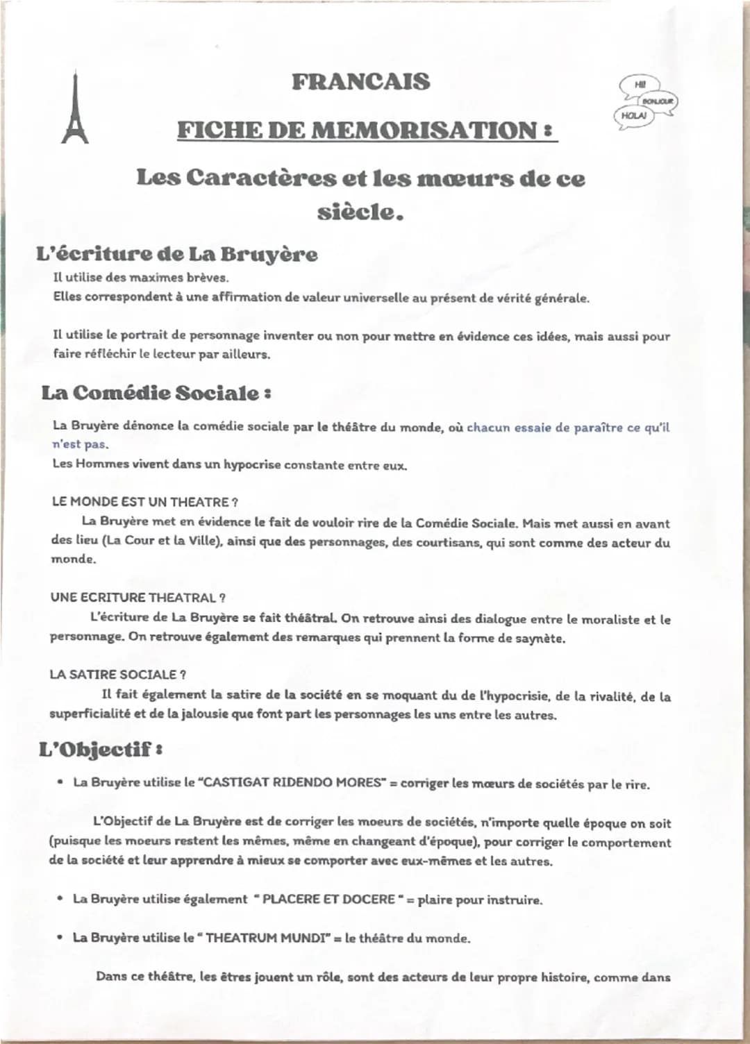 FRANCAIS
FICHE DE MEMORISATION:
Les Caractères et les mœurs de ce
siècle.
Introduction :
Ecrit par Jean de La Bruyère
H
BONJOUR
HOLA!
--> Né