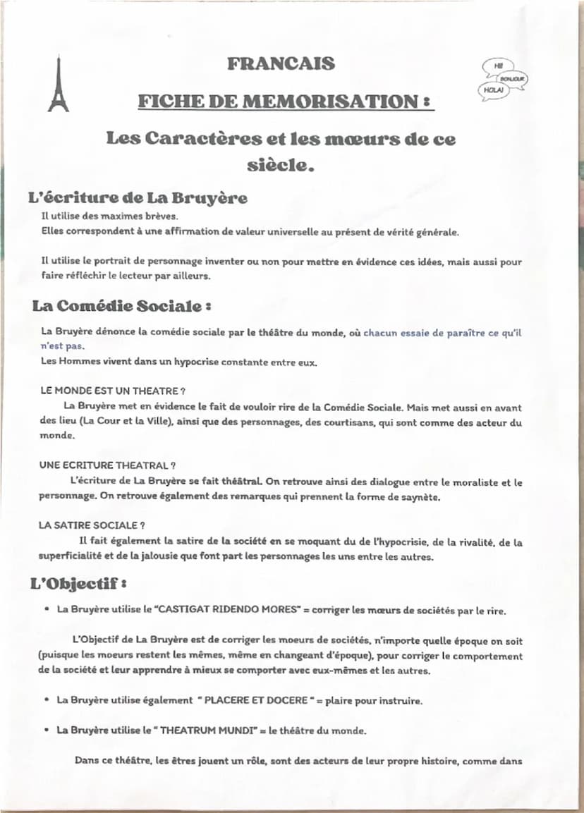 FRANCAIS
FICHE DE MEMORISATION:
Les Caractères et les mœurs de ce
siècle.
Introduction :
Ecrit par Jean de La Bruyère
H
BONJOUR
HOLA!
--> Né