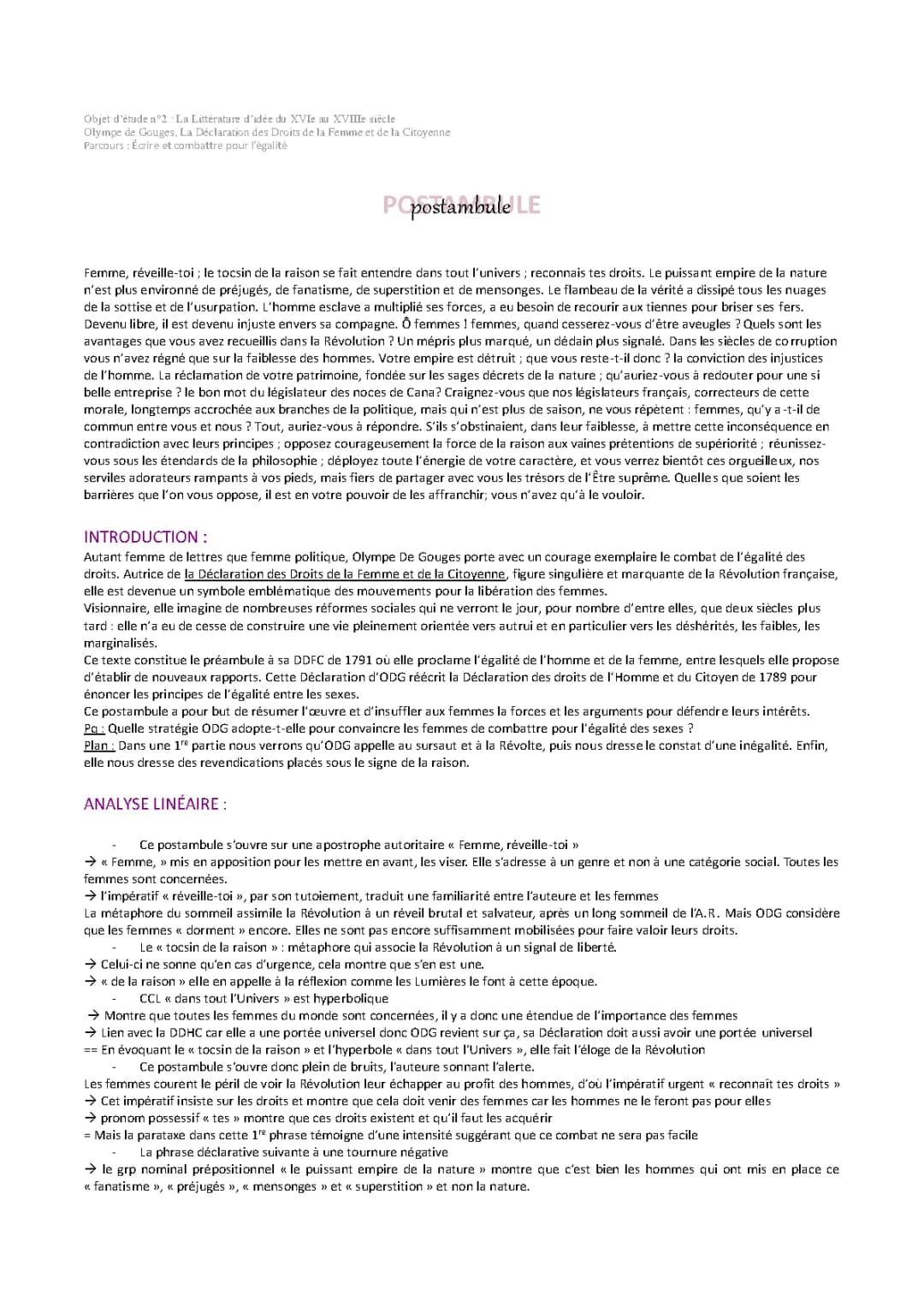 Fiche de Lecture Déclaration des Droits de la Femme et de la Citoyenne d’Olympe de Gouges