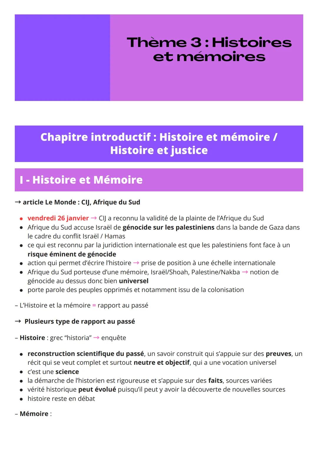 # Thème 3: Histoires
et mémoires

# Chapitre introductif : Histoire et mémoire /
Histoire et justice

# I - Histoire et Mémoire

→ article L