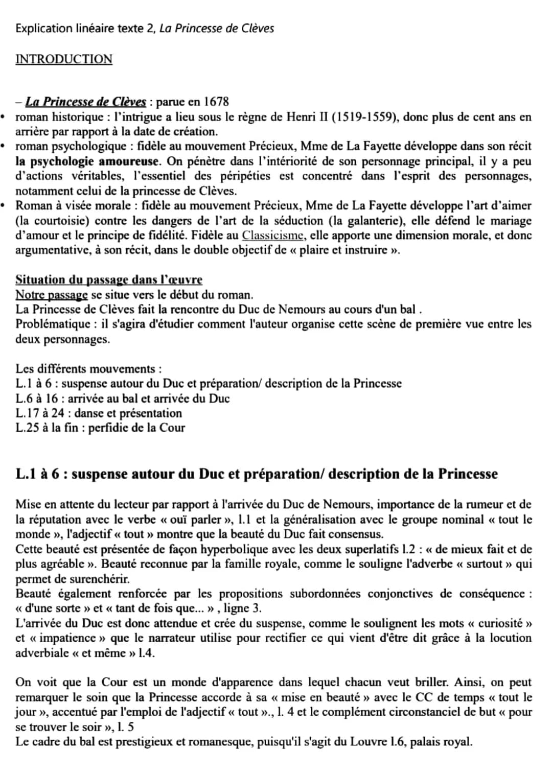 ●
Explication linéaire texte 2, La Princesse de Clèves
- La Princesse de Clèves : parue en 1678
roman historique : l'intrigue a lieu sous le