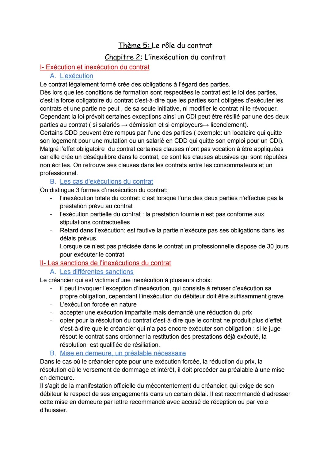 Thème 5: Le rôle du contrat
Chapitre 2: L'inexécution du contrat
I- Exécution et inexécution du contrat
A. L'exécution
Le contrat légalement